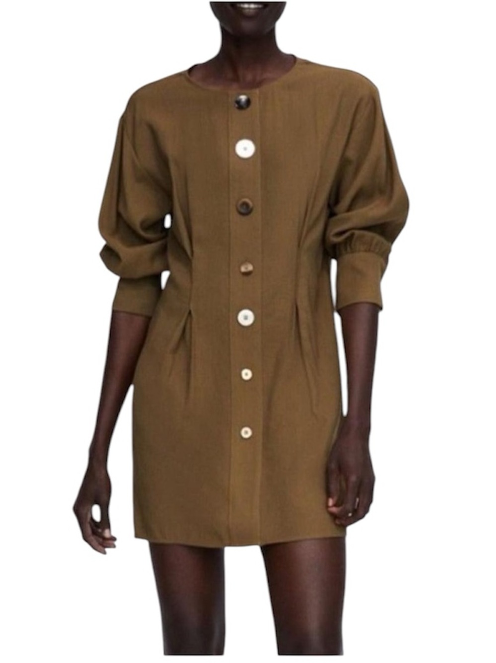 Zara Khaki Green Pleated Dress with Contrasting Statement Buttons Size M